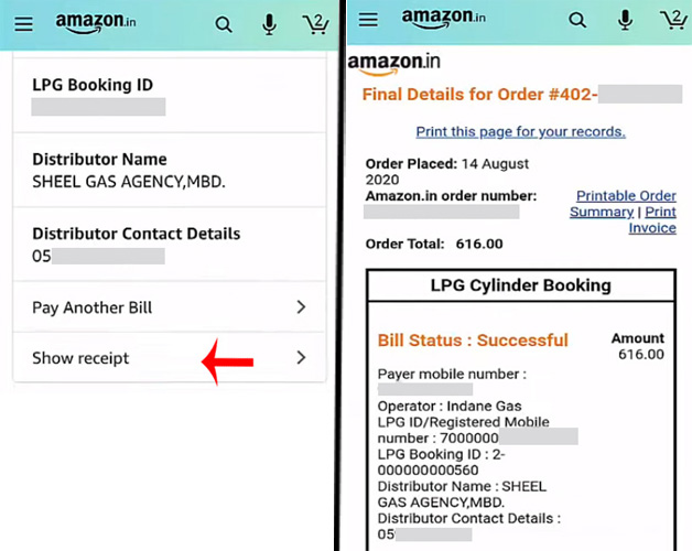 How to Book Gas Cylinder through Amazon Pay Step 10 Receipt Details